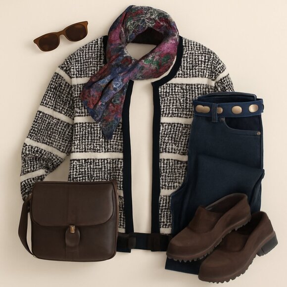 Keren Hart Vintage-Inspired Black & White Textured Cardigan - Size L - Picture 3 of 7